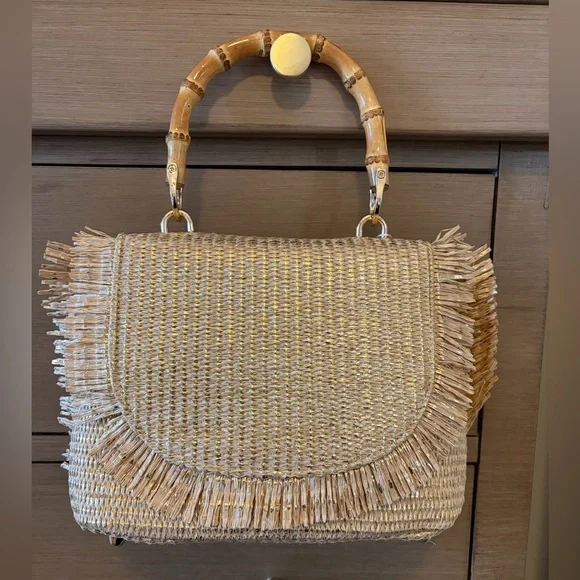 NWT Tommy Bahama Metallic Raffia Bamboo Top Handle Shoulder Bag Cult Gaia Ozzy - Picture 1 of 7